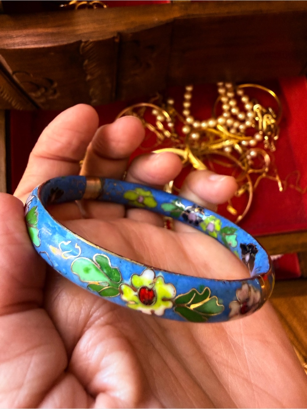Vintage Vibrant Blue Floral Cloisonné Bracelet with gold tone hinge and etching